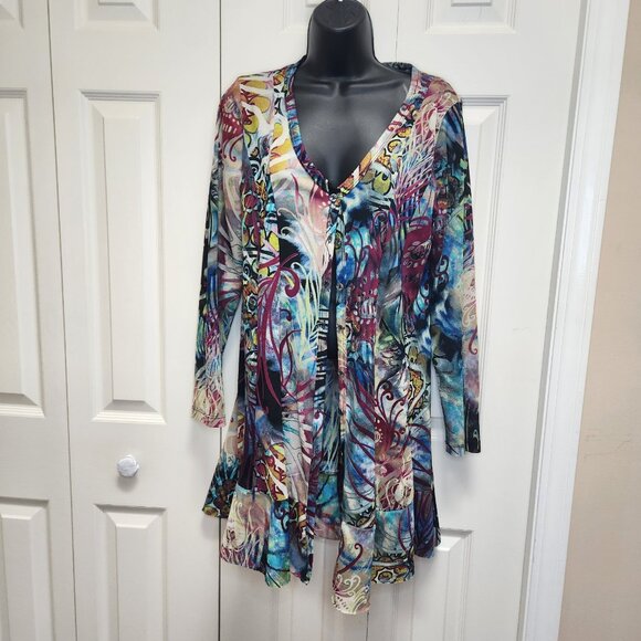 [M-L] DCZ Multicolored Semi-Sheer Long-Sleeve Cover-up Sz M-L Dress Button Front - Picture 1 of 16